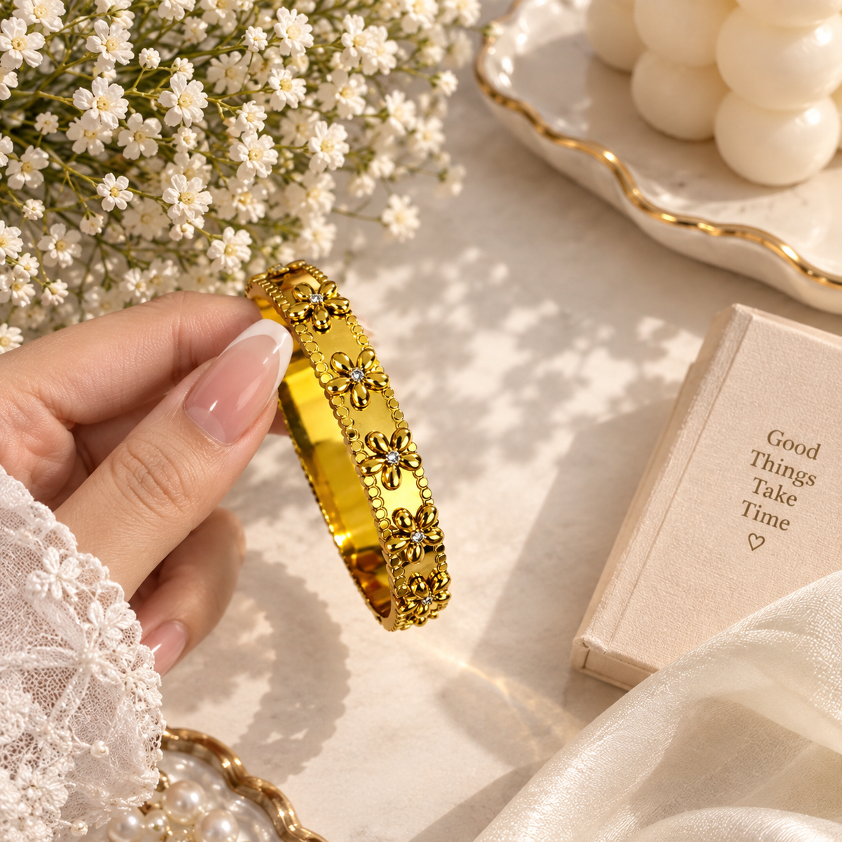 Golden Floral Stone Bangle